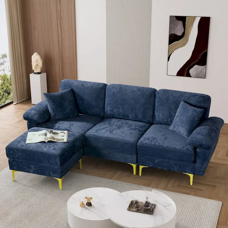 Ouyessir 2-Pieces Upholstered Velvet Sectional Sofa with 2 Pillows & Ottoman