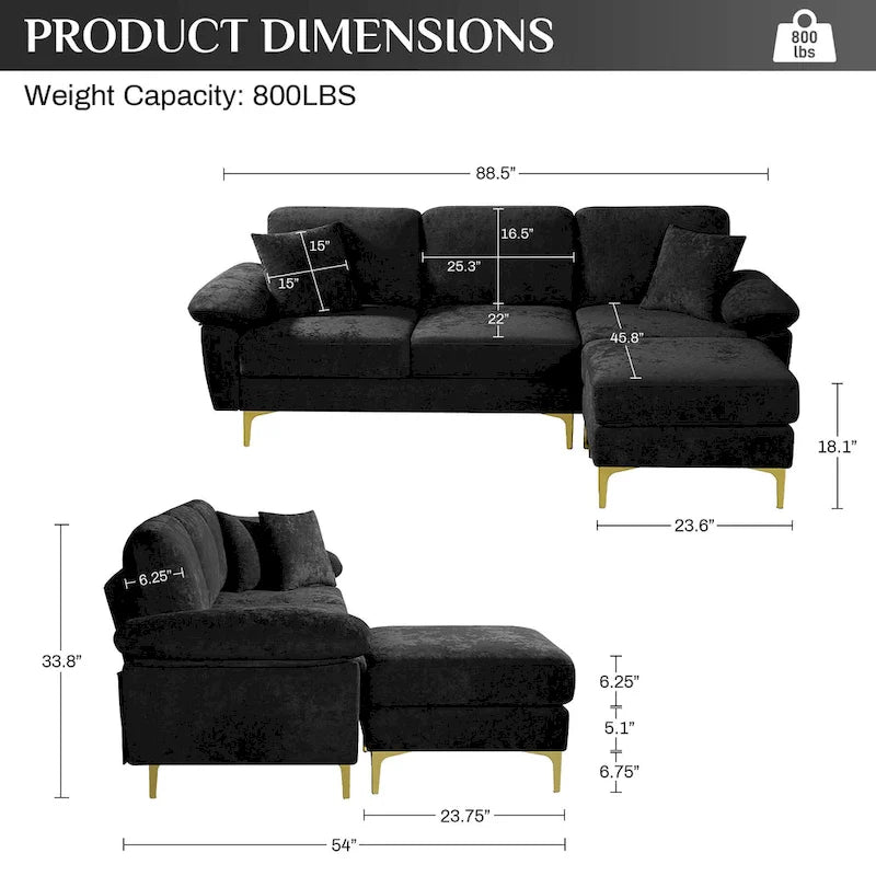Ouyessir 2-Pieces Upholstered Velvet Sectional Sofa with 2 Pillows & Ottoman