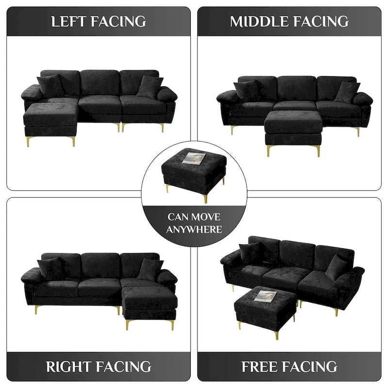 Ouyessir 2-Pieces Upholstered Velvet Sectional Sofa with 2 Pillows & Ottoman
