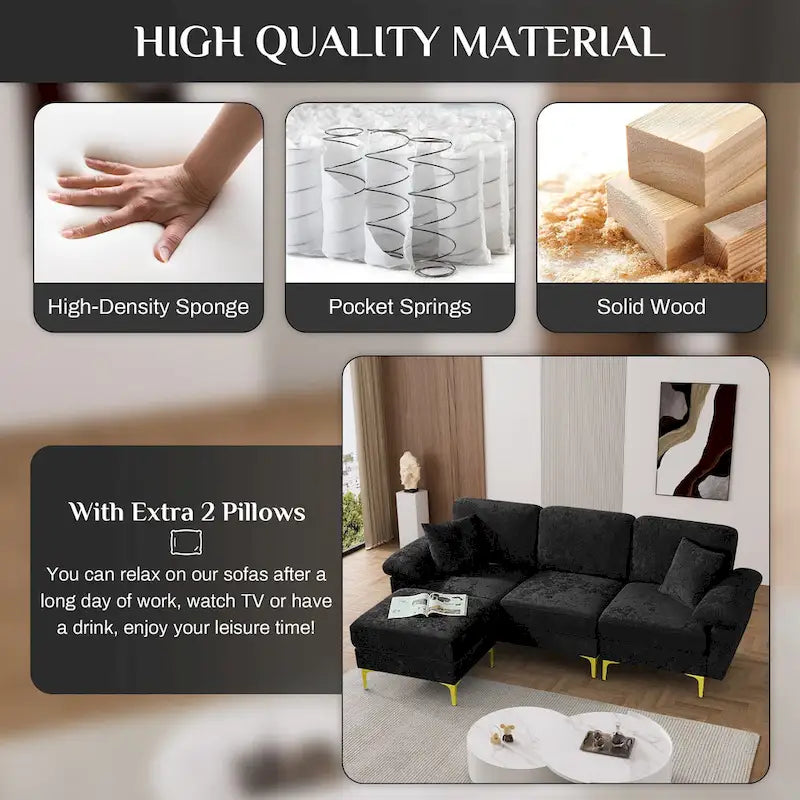 Ouyessir 2-Pieces Upholstered Velvet Sectional Sofa with 2 Pillows & Ottoman