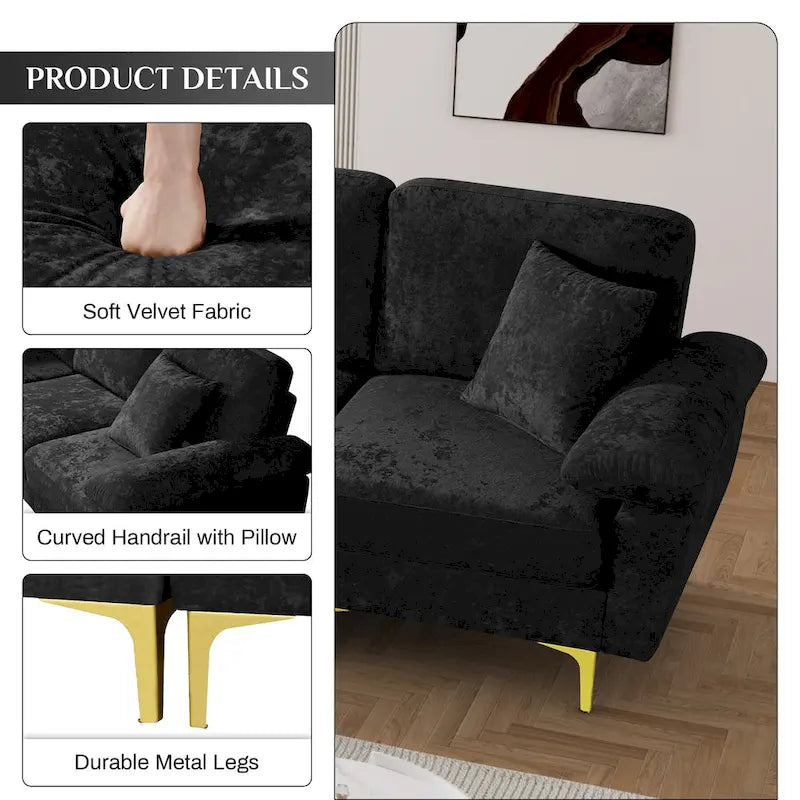 Ouyessir 2-Pieces Upholstered Velvet Sectional Sofa with 2 Pillows & Ottoman