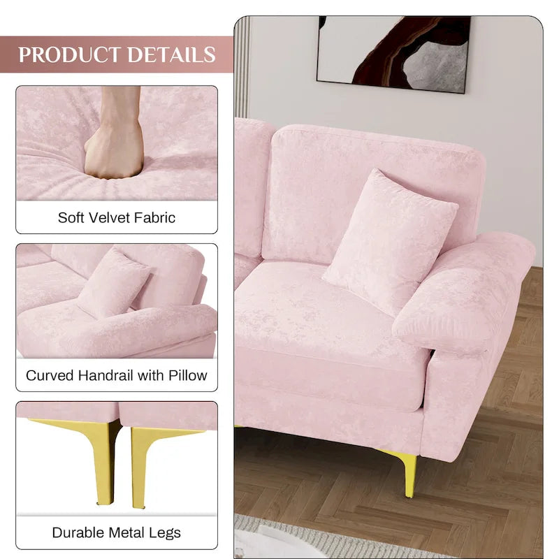 Ouyessir 2-Pieces Upholstered Velvet Sectional Sofa with 2 Pillows & Ottoman