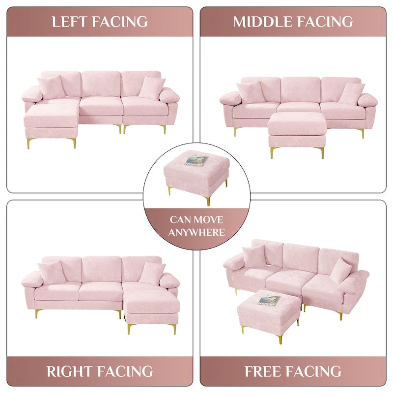 Ouyessir 2-Pieces Upholstered Velvet Sectional Sofa with 2 Pillows & Ottoman