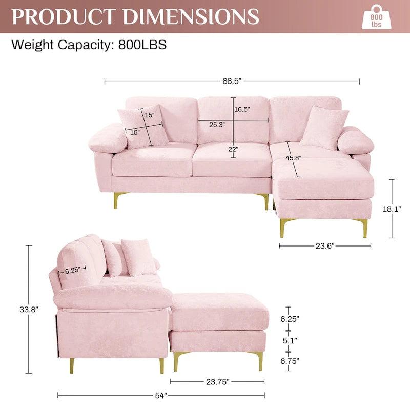 Ouyessir 2-Pieces Upholstered Velvet Sectional Sofa with 2 Pillows & Ottoman