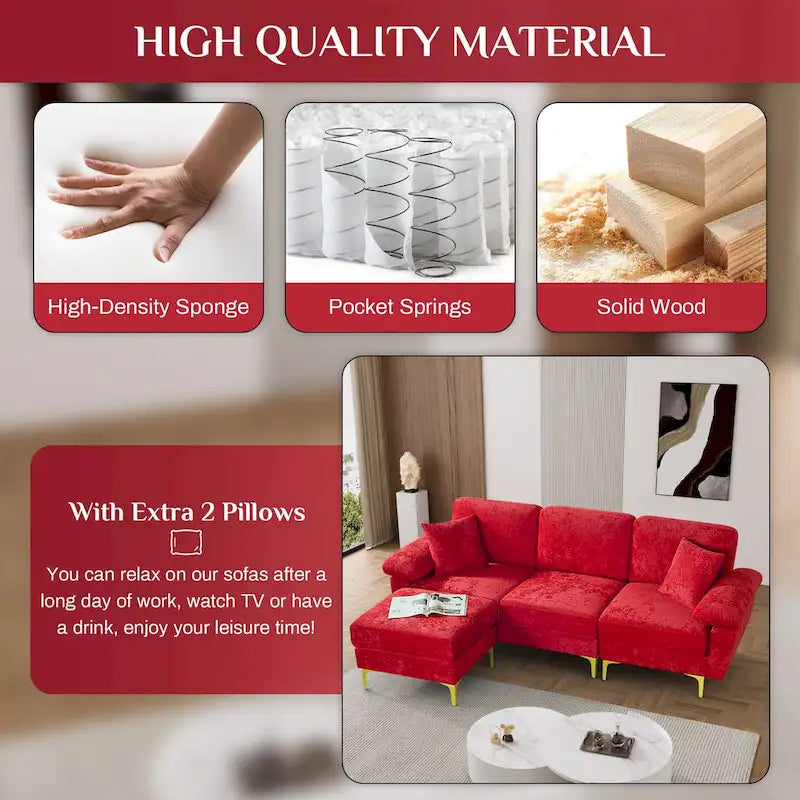 Ouyessir 2-Pieces Upholstered Velvet Sectional Sofa with 2 Pillows & Ottoman