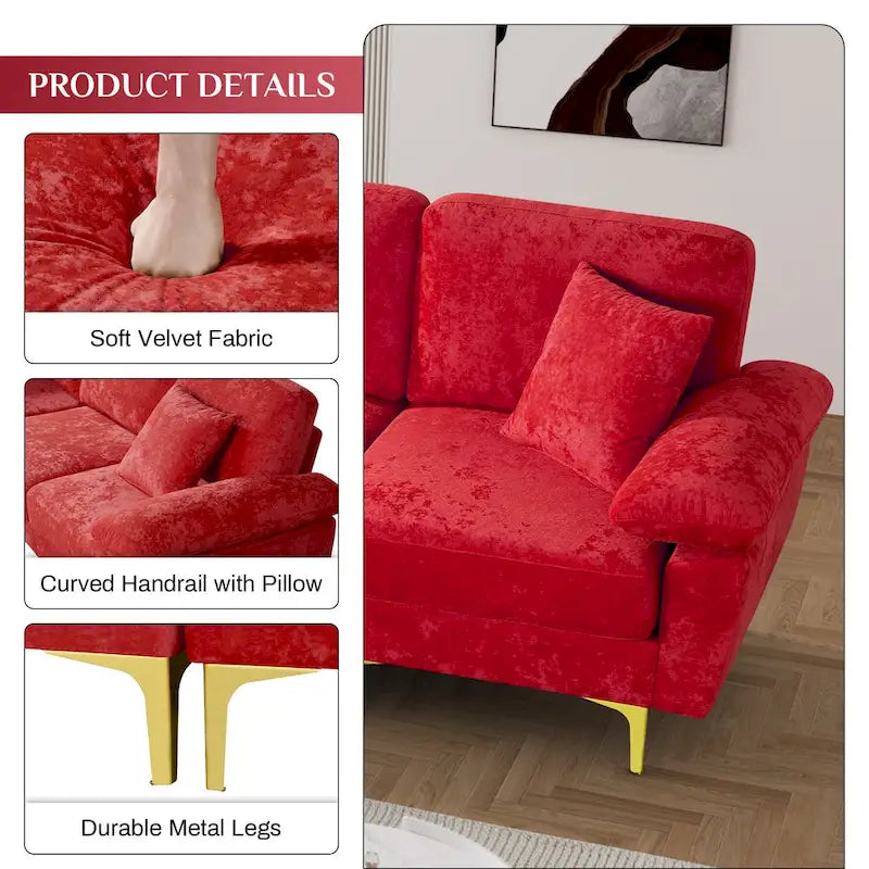 Ouyessir 2-Pieces Upholstered Velvet Sectional Sofa with 2 Pillows & Ottoman