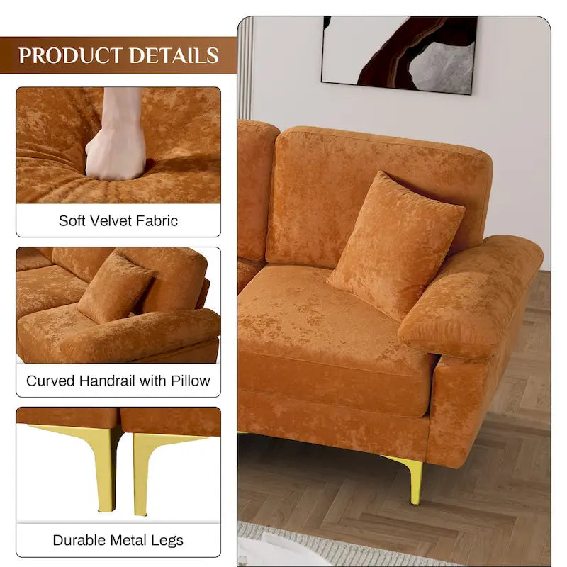 Ouyessir 2-Pieces Upholstered Velvet Sectional Sofa with 2 Pillows & Ottoman