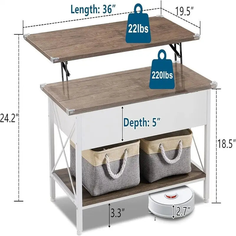 36 Lift Top Coffee Table with Free Cloth Storage Bins - 19.5D x 36W x 18.5H