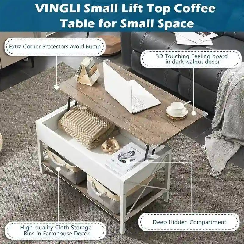 36 Lift Top Coffee Table with Free Cloth Storage Bins - 19.5D x 36W x 18.5H
