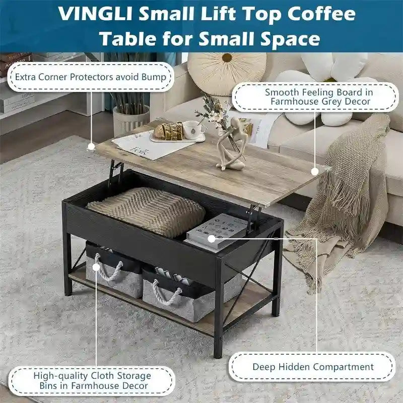 36 Lift Top Coffee Table with Free Cloth Storage Bins - 19.5D x 36W x 18.5H