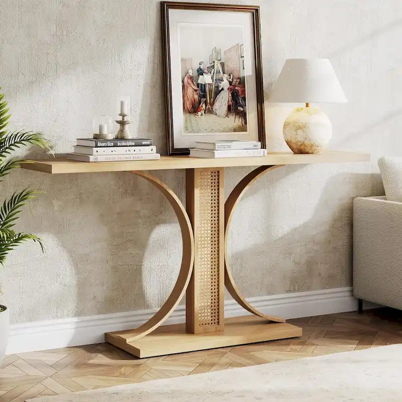 55 Inches Rattan Console Table for Living Room, Hallway, Foyer