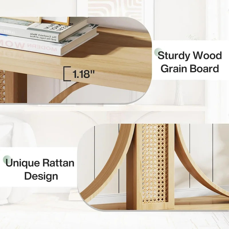 55 Inches Rattan Console Table for Living Room, Hallway, Foyer