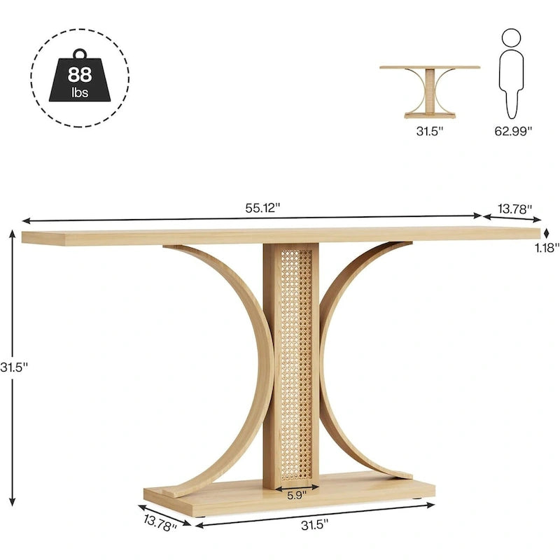 55 Inches Rattan Console Table for Living Room, Hallway, Foyer