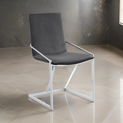 23 Inch Side Dining Chair Set of 2, Gray Velvet, Modern Chrome Metal Base