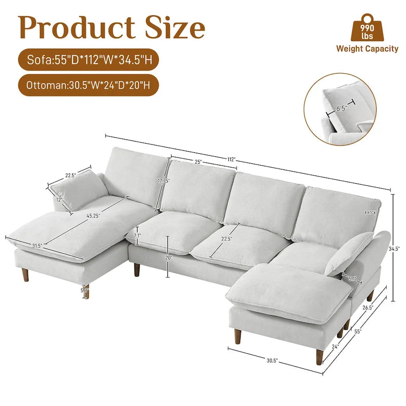 Modern U-Shaped Sectional Sofa Couch with Ottoman Chaise for Living Room