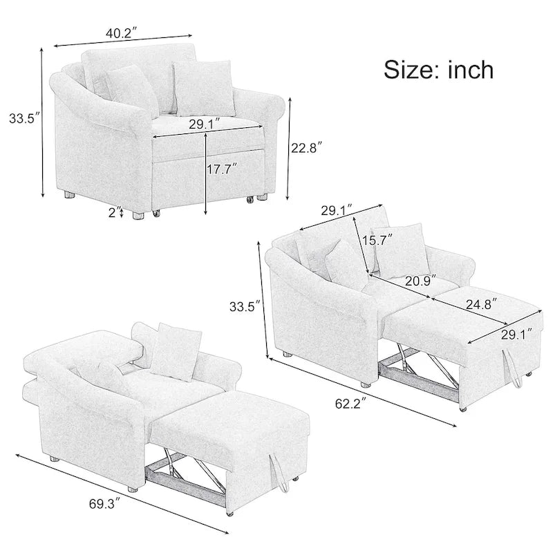 Chenille Convertible Sleeper Chair with Adjustable Backrest, 3 IN 1 Lounger Chair Turns Into Bed, Single Bed for Living Room