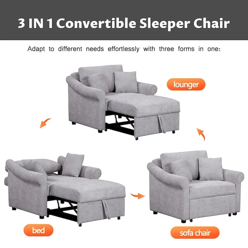 Chenille Convertible Sleeper Chair with Adjustable Backrest, 3 IN 1 Lounger Chair Turns Into Bed, Single Bed for Living Room