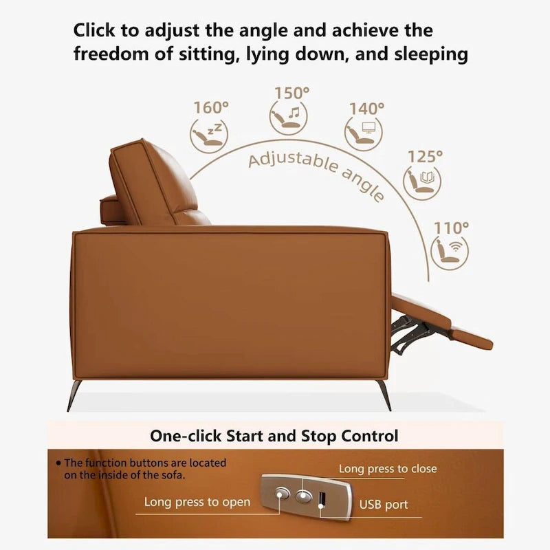 76.77 Modern Leather Recliner Sofa, Power Reclining, Adjustable, Ergonomic Design, Living Room Furniture