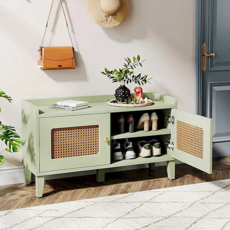 Wood 2-Tier Entryway Shoe Cabinet Bench with Doors for Living Room
