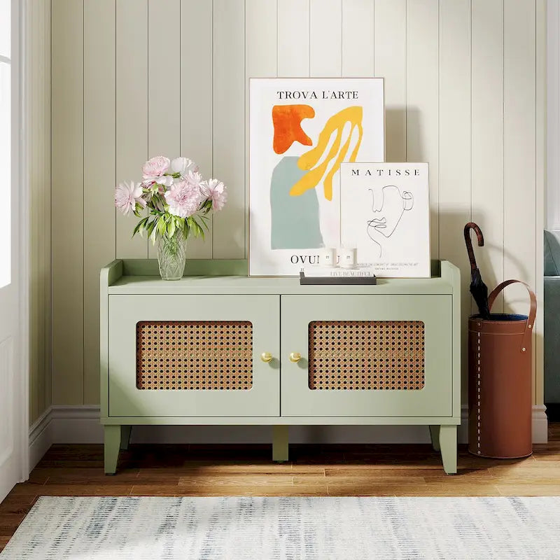 Wood 2-Tier Entryway Shoe Cabinet Bench with Doors for Living Room