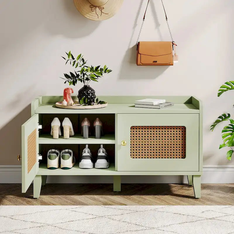 Wood 2-Tier Entryway Shoe Cabinet Bench with Doors for Living Room
