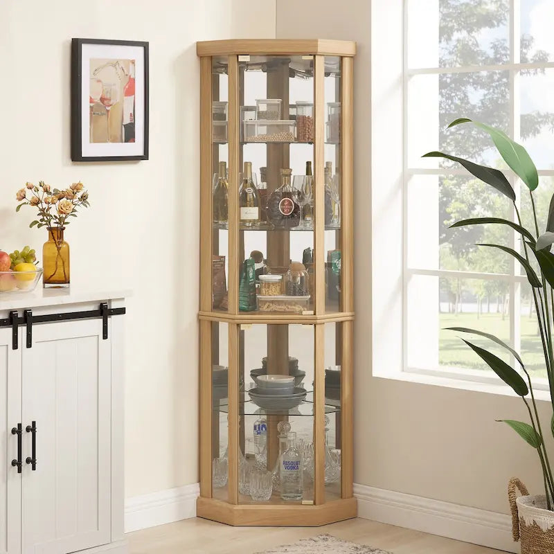 Corner Glass Cabinet Lighted Curio Cabinet Corner Display Case, Antique collection, Wine, Bar Glass Storage Light Included