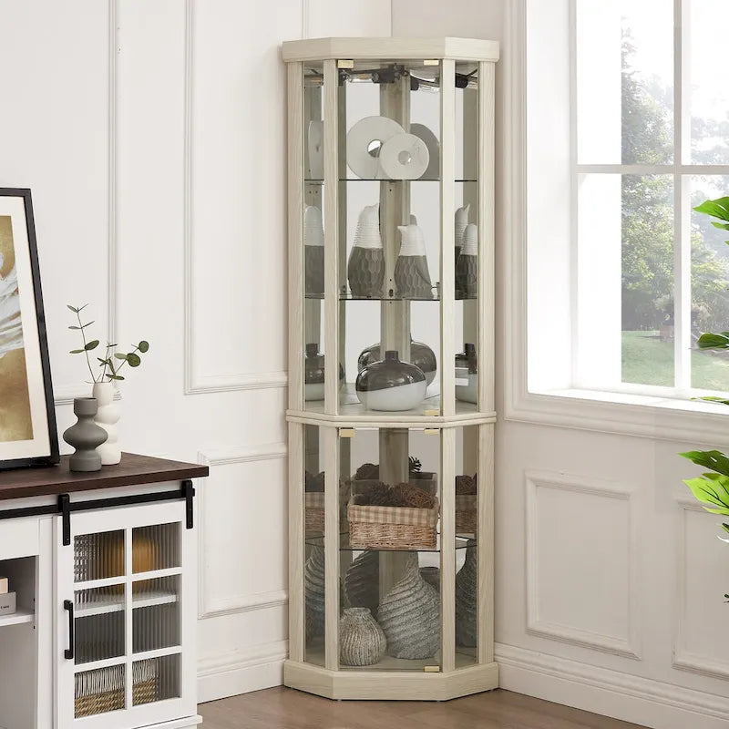 Corner Glass Cabinet Lighted Curio Cabinet Corner Display Case, Antique collection, Wine, Bar Glass Storage Light Included