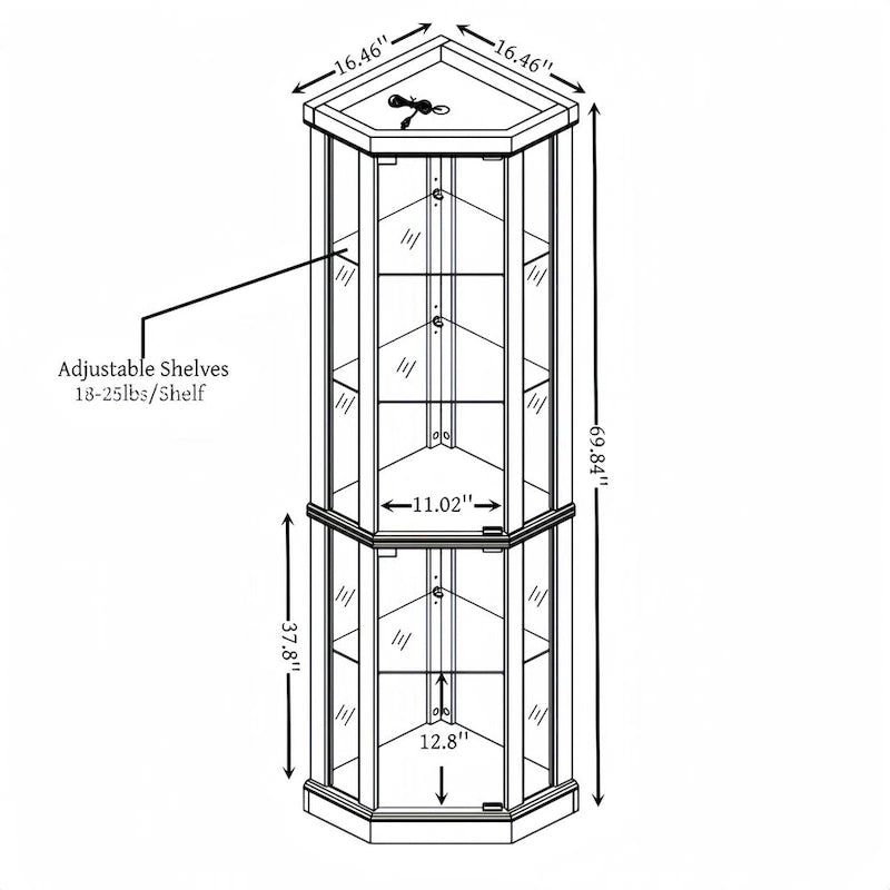 Corner Glass Cabinet Lighted Curio Cabinet Corner Display Case, Antique collection, Wine, Bar Glass Storage Light Included