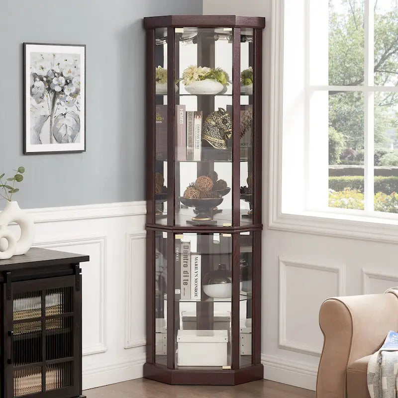 Corner Glass Cabinet Lighted Curio Cabinet Corner Display Case, Antique collection, Wine, Bar Glass Storage Light Included