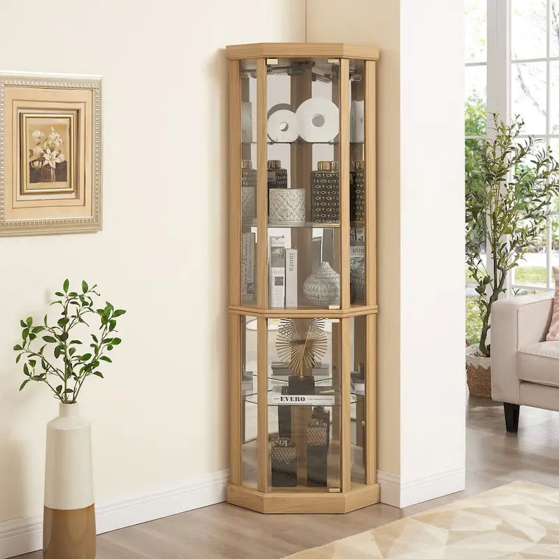 Corner Glass Cabinet Lighted Curio Cabinet Corner Display Case, Antique collection, Wine, Bar Glass Storage Light Included