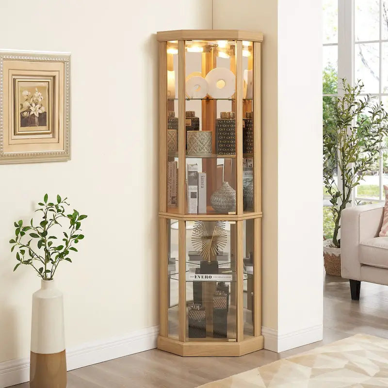 Corner Glass Cabinet Lighted Curio Cabinet Corner Display Case, Antique collection, Wine, Bar Glass Storage Light Included