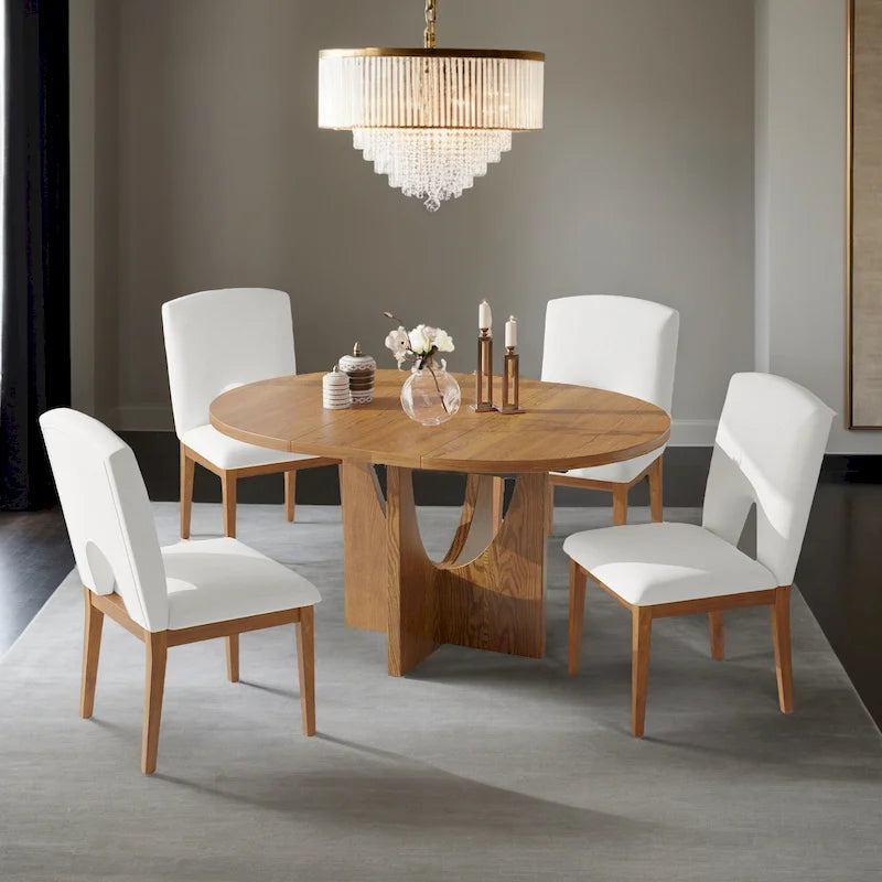 Modern 5-Piece Extendable Round Dining Table Set with 16.2inch Removable Leaf for Small Places