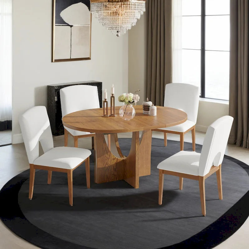 Modern 5-Piece Extendable Round Dining Table Set with 16.2inch Removable Leaf for Small Places