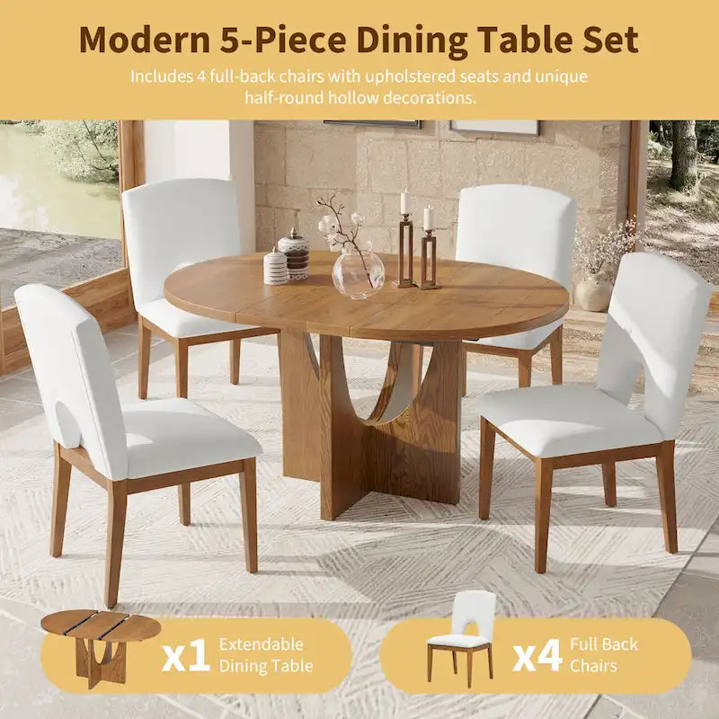 Modern 5-Piece Extendable Round Dining Table Set with 16.2inch Removable Leaf for Small Places